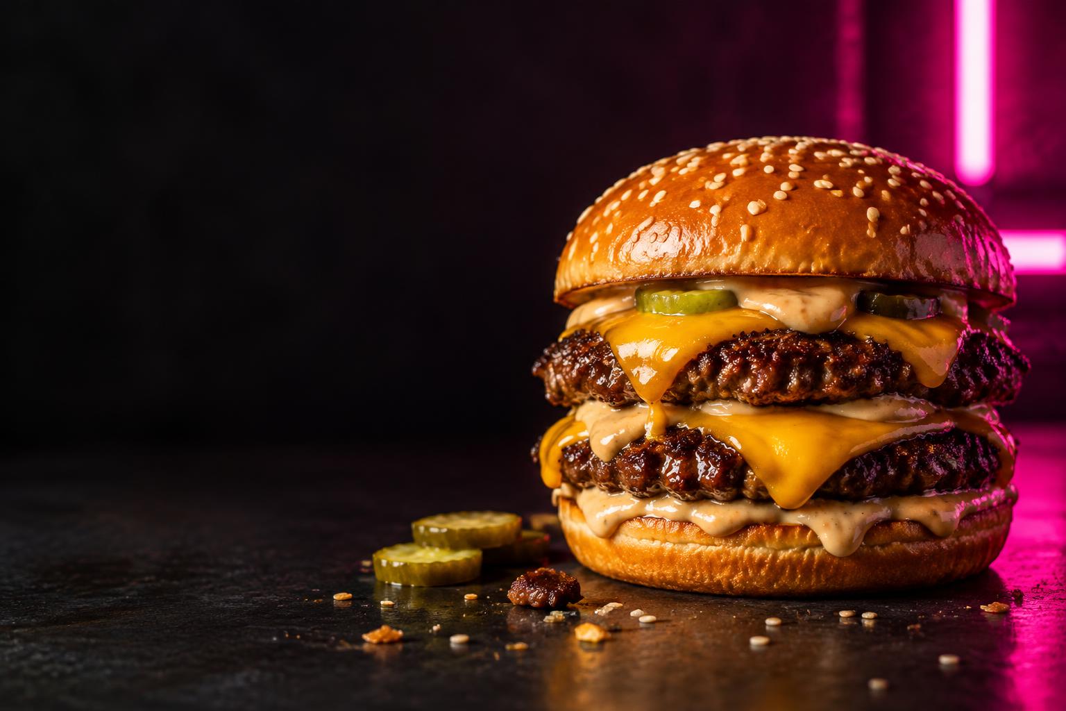 Double cheeseburger sous une lumière rose néon, visuel d’ambiance